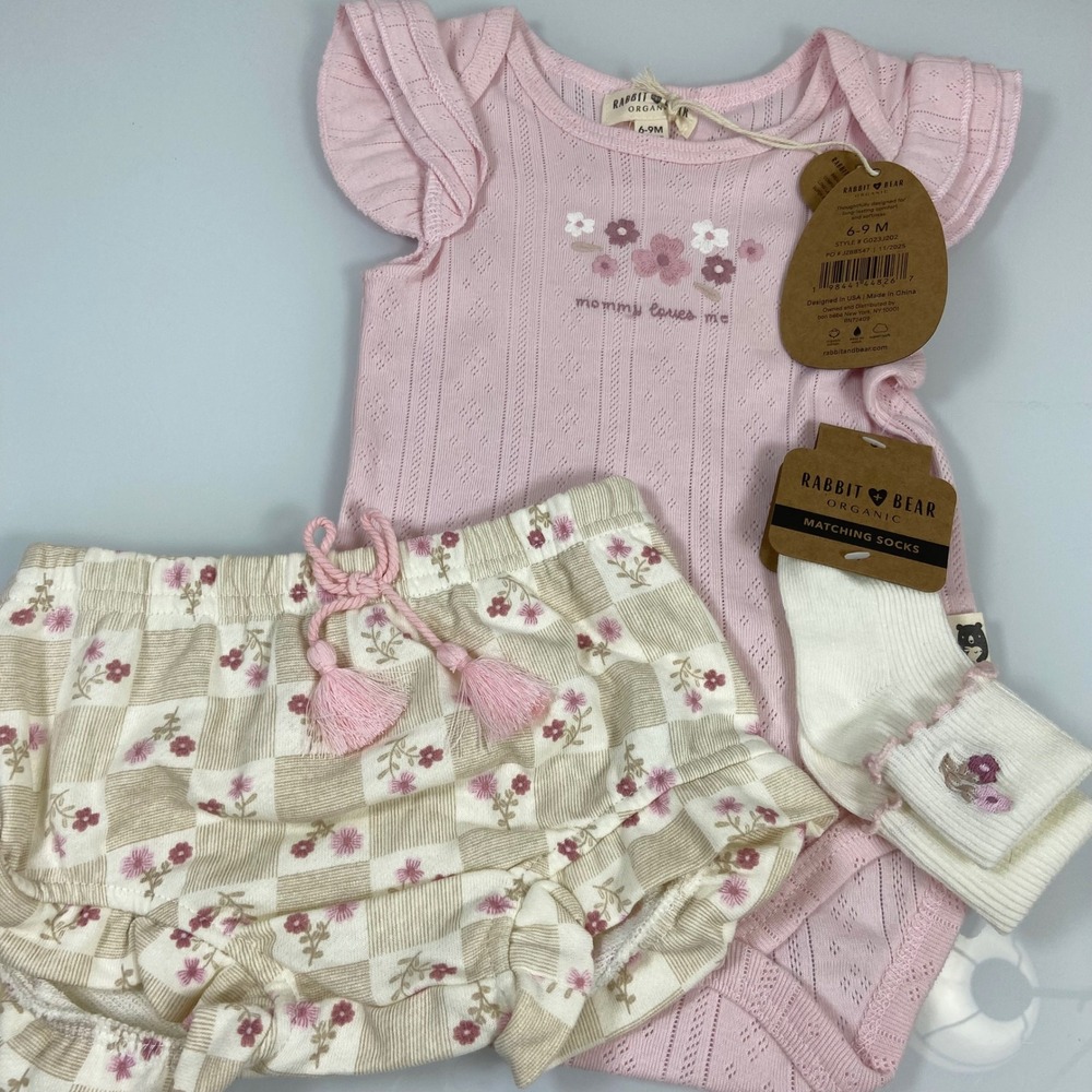 Rabbit + Bear Baby 6-9M Pink‎ Organic Cotton Bodysuit Bloomer Sock Set New